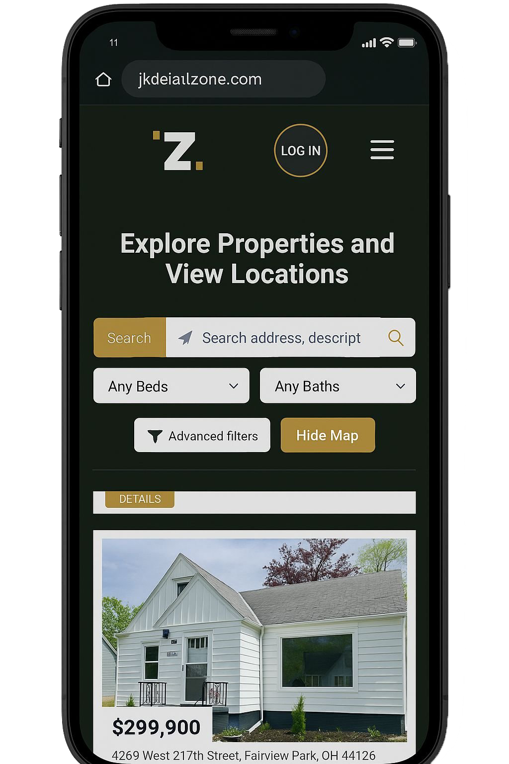 Aperçu de l'interface de JKDealZone.com — application immobilière Ohio